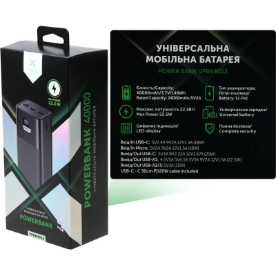 Портативна батарея Vinga 40000 mAh 22.5W Display Black (VPBB4022) [VPBB4022-B] — фото 8