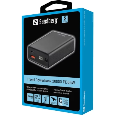 Портативная батарея Sandberg 20000mAh, PD/65W, QC/3.0, low carrent mode, +cable 100W (420-95) [420-95-B] — фото 3