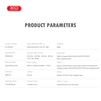 Портативная батарея XO 30000mAh, PD/20W, QC/22.5W, with light, black (PR240_Black) [PR240_Black-B] — фото 3