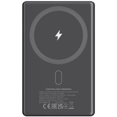 Портативная батарея Canyon 5000mAh OnPower 505 slim Magsafe PD/20W Dark Grey (CNS-CPB505DG) [CNS-CPB505DG-B] — фото 3