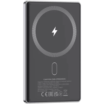 Портативная батарея Canyon 5000mAh OnPower 505 slim Magsafe PD/20W Dark Grey (CNS-CPB505DG) [CNS-CPB505DG-B] — фото 4