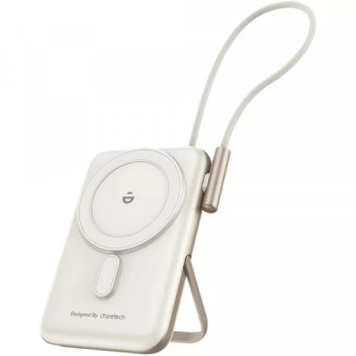 Портативна батарея Choetech Magnetic Wireless 10000mAh 20W, PD, Qi-15W, USB-C In/Out, buid-in cabel, White