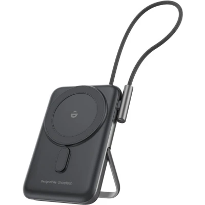 Портативна батарея Choetech Magnetic Wireless 10000mAh 20W, PD, Qi-15W, USB-C In/Out, build-in cabel, Black