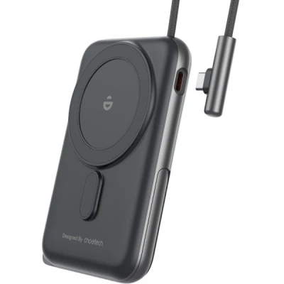 Портативна батарея Choetech Magnetic Wireless 10000mAh 20W, PD, Qi-15W, USB-C In/Out, build-in cabel, Black — фото 2