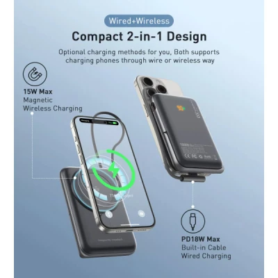 Портативна батарея Choetech Magnetic Wireless 10000mAh 20W, PD, Qi-15W, USB-C In/Out, build-in cabel, Black (B735-CCBK) [B735-CCBK-B] — фото 6