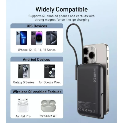 Портативная батарея Choetech Magnetic Wireless 10000mAh 20W, PD, Qi-15W, USB-C In/Out, build-in cabel, Black (B735-CCBK) [B735-CCBK-B] — фото 7