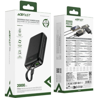 Портативна батарея Acefast 20000mAh 22,5W PD, QC/3.0 USB-A+USB-C In/Out,build-in cable M14 Black (6974316283966) [6974316283966-B] — фото 5