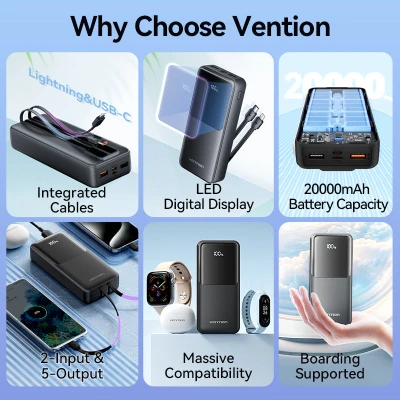 Портативная батарея Vention 20000 mAh 22.5W with Built-in USB-C and Lightning Cables (FHPB0) [FHPB0-B] — фото 5