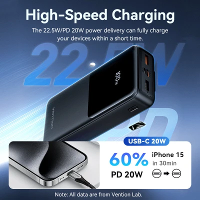 Портативная батарея Vention 20000 mAh 22.5W with Built-in USB-C and Lightning Cables (FHPB0) [FHPB0-B] — фото 9