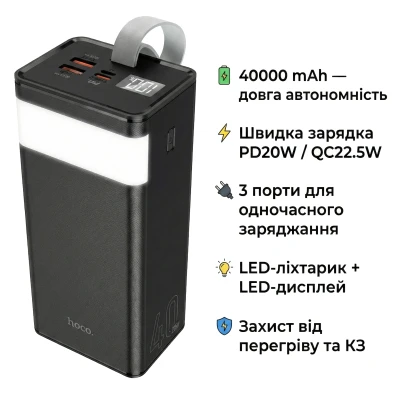 Портативная батарея HOCO 40000mAh Powermaster PD/20W, QC/22.5W, Lamp, Black (J86 / 714737) [J86714737-B] — фото 4