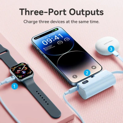 Портативна батарея Vention 4800mAh 22,5W PD, USB-C In/Out, LED display, with built-in Lightning cable Black (FHRB0) [FHRB0-B] — фото 6