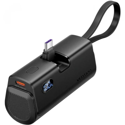 Портативна батарея Vention 4800mAh 22,5W PD, USB-C In/Out, LED display, with built-in USB-C cable Black