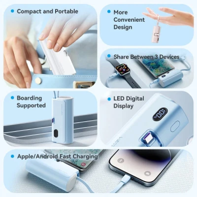 Портативная батарея Vention 4800mAh 22,5W PD, USB-C In/Out, LED display, with built-in USB-C cable Black (FHQB0) [FHQB0-B] — фото 5