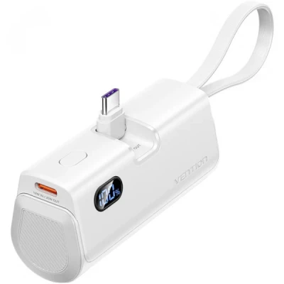 Портативная батарея Vention 4800mAh 22,5W PD, USB-C In/Out, LED display, with built-in USB-C cable White