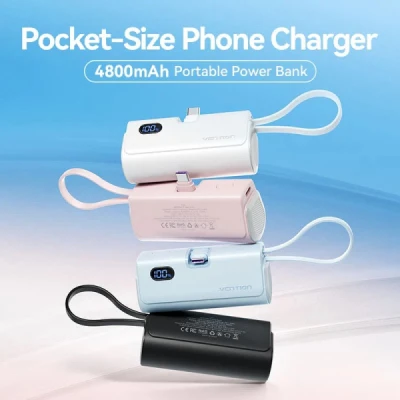 Портативна батарея Vention 4800mAh 22,5W PD, USB-C In/Out, LED display, with built-in USB-C cable White — фото 2