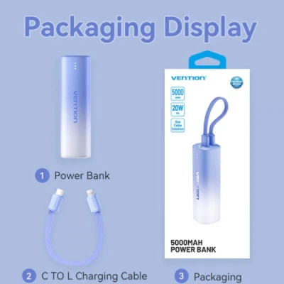 Портативна батарея Vention 5000mAh 20W PD, USB-C In/Out, Lightning In/Out, with cable, Gradient Blue (FHWL0) [FHWL0-B] — фото 3