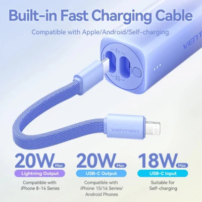 Портативна батарея Vention 5000mAh 20W PD, USB-C In/Out, Lightning In/Out, with cable, Gradient Blue (FHWL0) [FHWL0-B] — фото 6