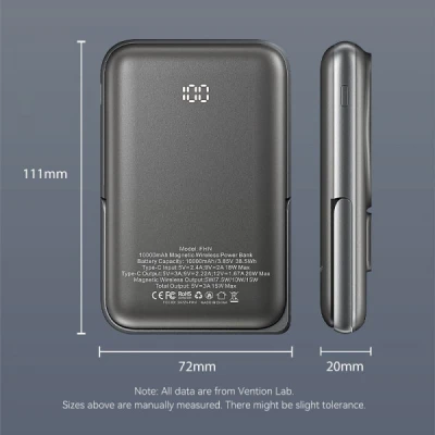 Портативна батарея Vention Magnetic Wireless 10000mAh 20W PD USB-C In/Out, QI-15W Black (FHNB0) [FHNB0-B] — фото 3