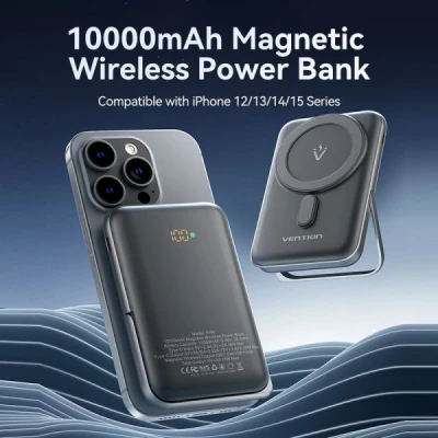 Портативная батарея Vention Magnetic Wireless 10000mAh 20W PD USB-C In/Out, QI-15W Black (FHNB0) [FHNB0-B] — фото 4