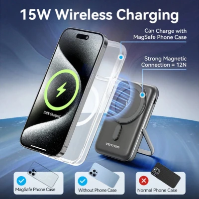 Портативная батарея Vention Magnetic Wireless 10000mAh 20W PD USB-C In/Out, QI-15W Black (FHNB0) [FHNB0-B] — фото 7