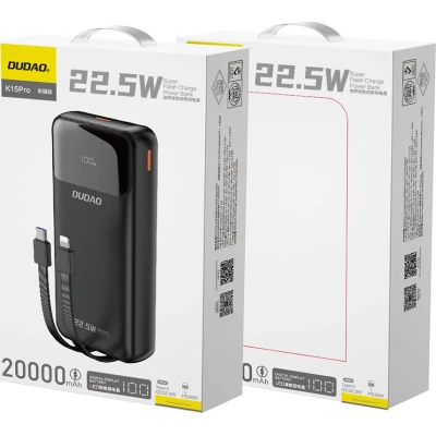 Портативна батарея Dudao K15Pro 20000mAh PD/22.5W, QC, with built-in cables, Black (6977196682430) [6977196682430-B] — фото 3