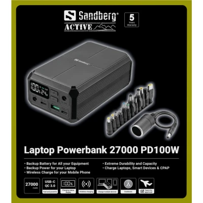 Портативна батарея Sandberg 27000mAh Laptop DC12-24v 84W, PD/100W, QC/3.0, QI/10W, PowerThrough (421-13) [421-13-B] — фото 7