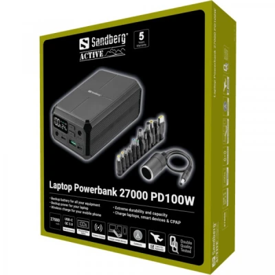 Портативна батарея Sandberg 27000mAh Laptop DC12-24v 84W, PD/100W, QC/3.0, QI/10W, PowerThrough (421-13) [421-13-B] — фото 8