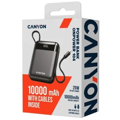 Портативная батарея Canyon 10000mAh OnPower 104 PD/20W, QC/22.5W built-in cable Black (CNS-CPB104B) [CNS-CPB104B-B] — фото 5