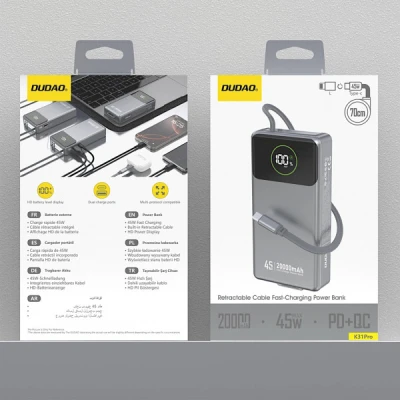 Портативна батарея Dudao K31Pro 20000mAh 45W PD, QC, with built-in USB-C/Lightning cables — фото 2