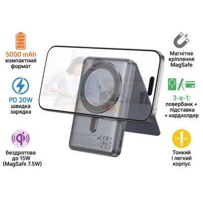 Портативна батарея HOCO 5000mAh Title PD/20W Magnetic with stand + mini wallet Grey — фото 2