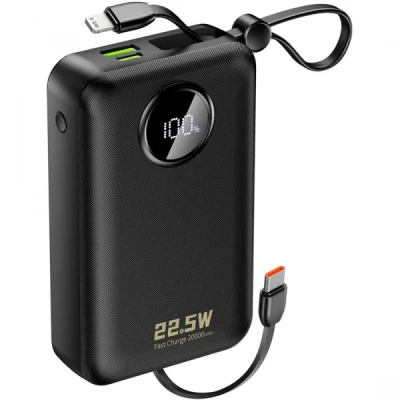 Портативна батарея Dudao 20000mAh K14+ 22.5W, PD, QC, USB-A, USB-C(In/Out), with built-in USB-C/Lightning cables, Black
