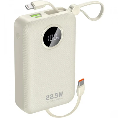 Портативна батарея Dudao 20000mAh K14+ 22.5W, PD, QC, USB-A, USB-C(In/Out), with built-in USB-C/Lightning cables, White