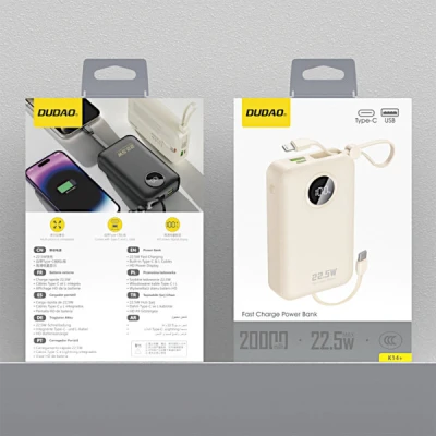 Портативна батарея Dudao 20000mAh K14+ 22.5W, PD, QC, USB-A, USB-C(In/Out), with built-in USB-C/Lightning cables, White — фото 2