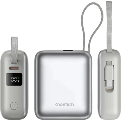 Портативная батарея Choetech 10000mAh, 35W. PD/3.0, LED Display, buid-in type-C cabel, Grey (B832-GY) [B832-GY-B] — фото 4