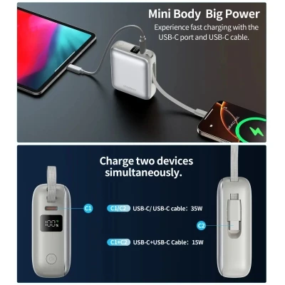 Портативная батарея Choetech 10000mAh, 35W. PD/3.0, LED Display, buid-in type-C cabel, Grey (B832-GY) [B832-GY-B] — фото 7