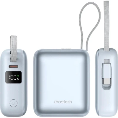 Портативная батарея Choetech 10000mAh, 35W, PD/3.0, LED Display, buid-in type-C cabel, Blue (B832-LBE) [B832-LBE-B] — фото 4