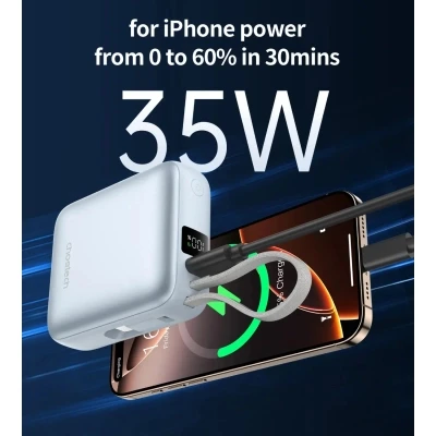 Портативная батарея Choetech 10000mAh, 35W, PD/3.0, LED Display, buid-in type-C cabel, Blue (B832-LBE) [B832-LBE-B] — фото 5