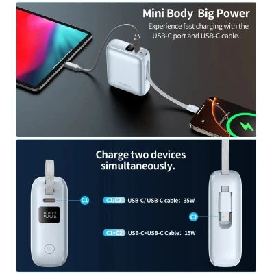 Портативная батарея Choetech 10000mAh, 35W, PD/3.0, LED Display, buid-in type-C cabel, Blue (B832-LBE) [B832-LBE-B] — фото 6
