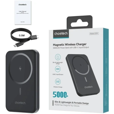 Портативная батарея Choetech Magnetic Wireless 5000mAh, 20W, PD, Qi-15W, Black (B709-CCBK) [B709-CCBK-B] — фото 3