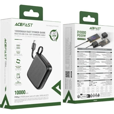 Портативна батарея Acefast 10000mAh, 20W, PD, QC/3.0, build Type-C cable, M15, Black (6974316283973) [6974316283973-B] — фото 6