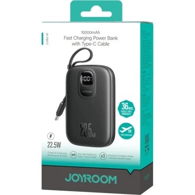 Портативна батарея JOYROOM 10000mAh, 22.5W, PD, QC, built-in USB-C cable, Black — фото 2