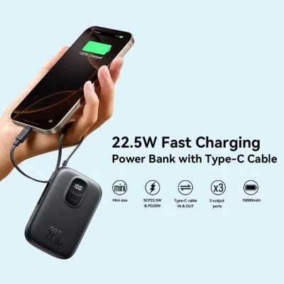 Портативна батарея JOYROOM 10000mAh, 22.5W, PD, QC, built-in USB-C cable, Black (JR-PBF17) [JR-PBF17-B] — фото 5