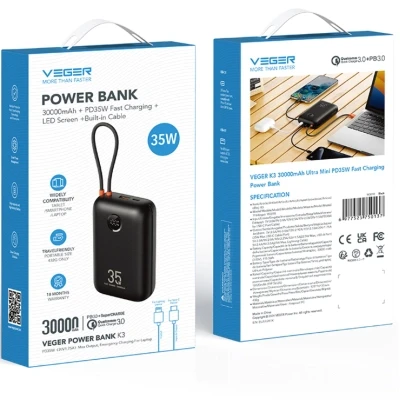 Портативная батарея VEGER 30000mAh K3 35W PD QC3.0 black (6977525750137) [6977525750137-B] — фото 5