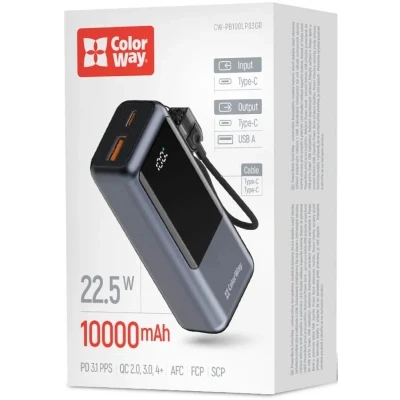 Портативна батарея ColorWay 10 000 mAh Urban PD/22.5W, QC/4.0, Gray (CW-PB100LP03GR) [CW-PB100LP03GR-B] — фото 5