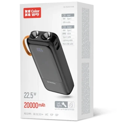 Портативная батарея ColorWay 20 000 mAh PowerHub PD/22.5W, QC/4.0, Black (CW-PB200LP07BK) [CW-PB200LP07BK-B] — фото 5