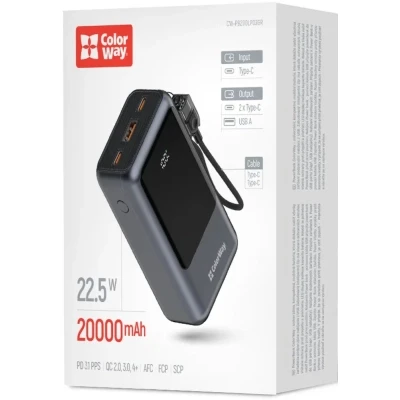 Портативная батарея ColorWay 20 000 mAh Urban PD/22.5W, QC/4.0, Gray (CW-PB200LP03GR) [CW-PB200LP03GR-B] — фото 5