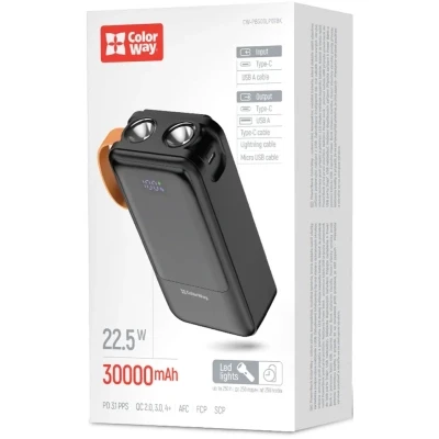 Портативная батарея ColorWay 30 000 mAh PowerHub PD/22.5W, QC/4.0, Black (CW-PB300LP07BK) [CW-PB300LP07BK-B] — фото 5