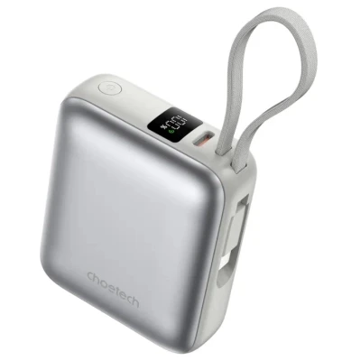 Портативная батарея Choetech 10000mAh, 35W. PD/3.0, LED Display, buid-in type-C cabel, Silver