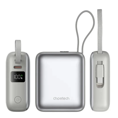 Портативная батарея Choetech 10000mAh, 35W. PD/3.0, LED Display, buid-in type-C cabel, Silver (B832-SL) [B832-SL-B] — фото 3