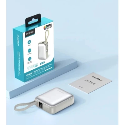 Портативная батарея Choetech 10000mAh, 35W. PD/3.0, LED Display, buid-in type-C cabel, Silver (B832-SL) [B832-SL-B] — фото 4